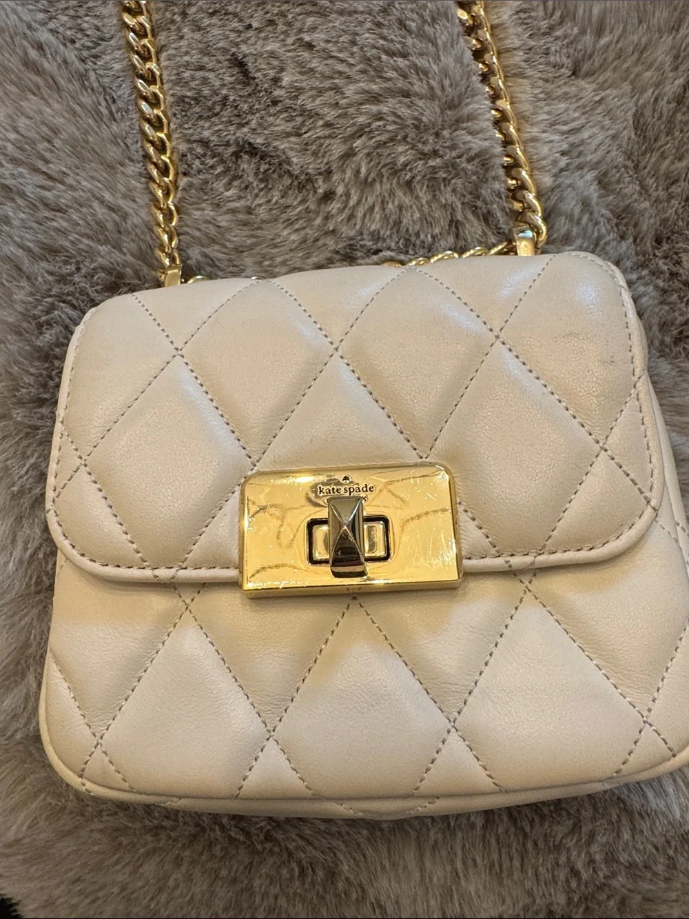 kate spade Carey Cream Quilted Crossbody with Gold Chain..Micro